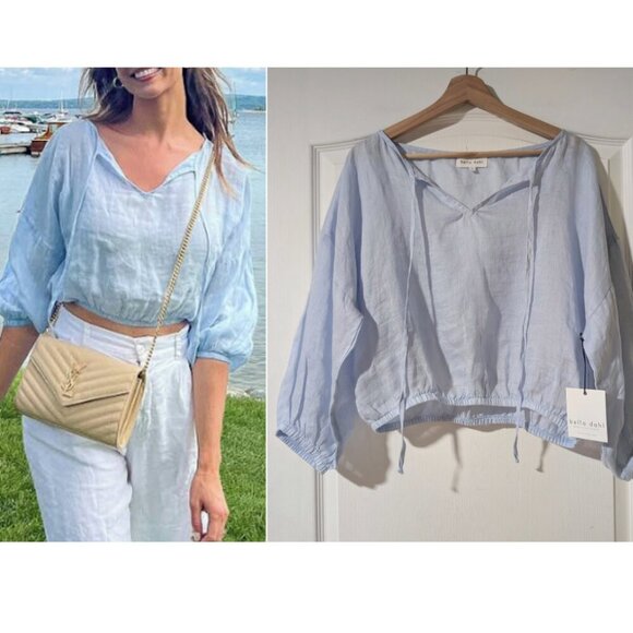 Bella Dahl | Linen Tie Neck Top In Blue - Picture 1 of 16